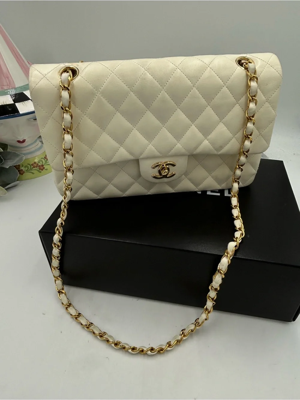 Women's CHANEL Quilted Shoulder Bag in Ivory with Gold Hardware made in France